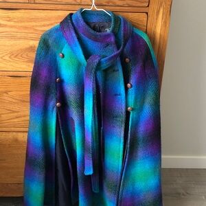 Women's Multicolor Wool-Blend Cape Coat with Self-Tie Neck